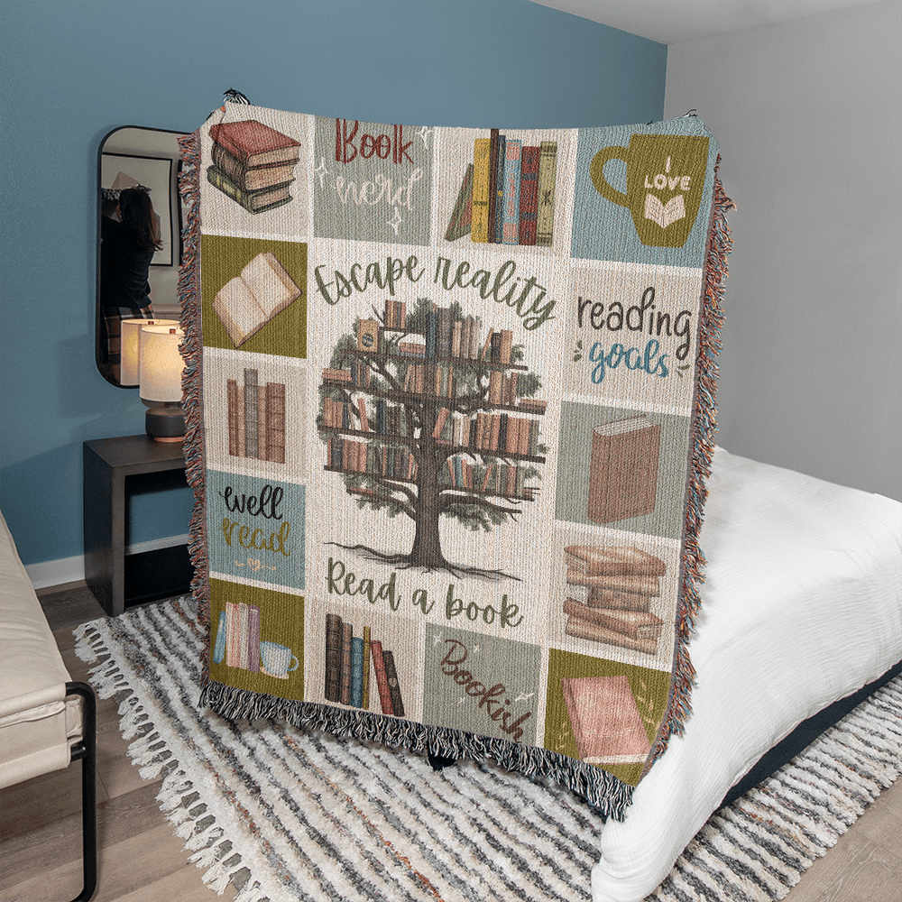 Escape Reality – Book Tree Woven Blanket - Offbeat Opulence