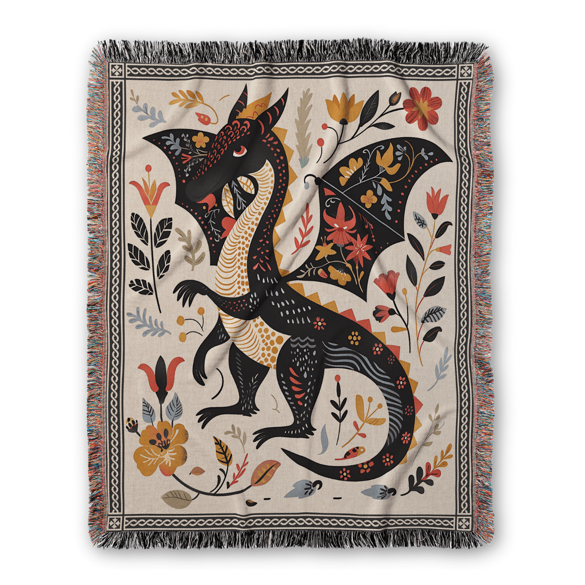 Folk Art Dragon Woven Blanket - Offbeat Opulence