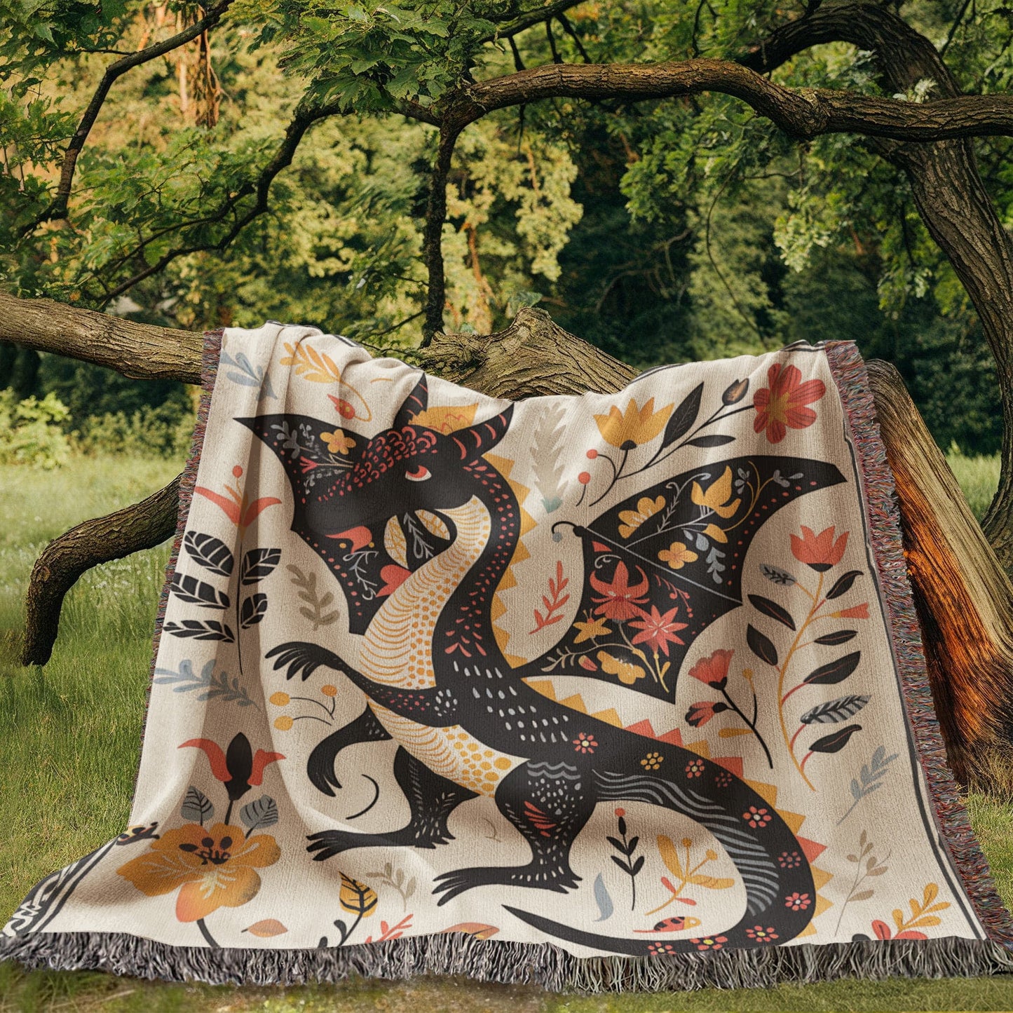Folk Art Dragon Woven Blanket - Offbeat Opulence