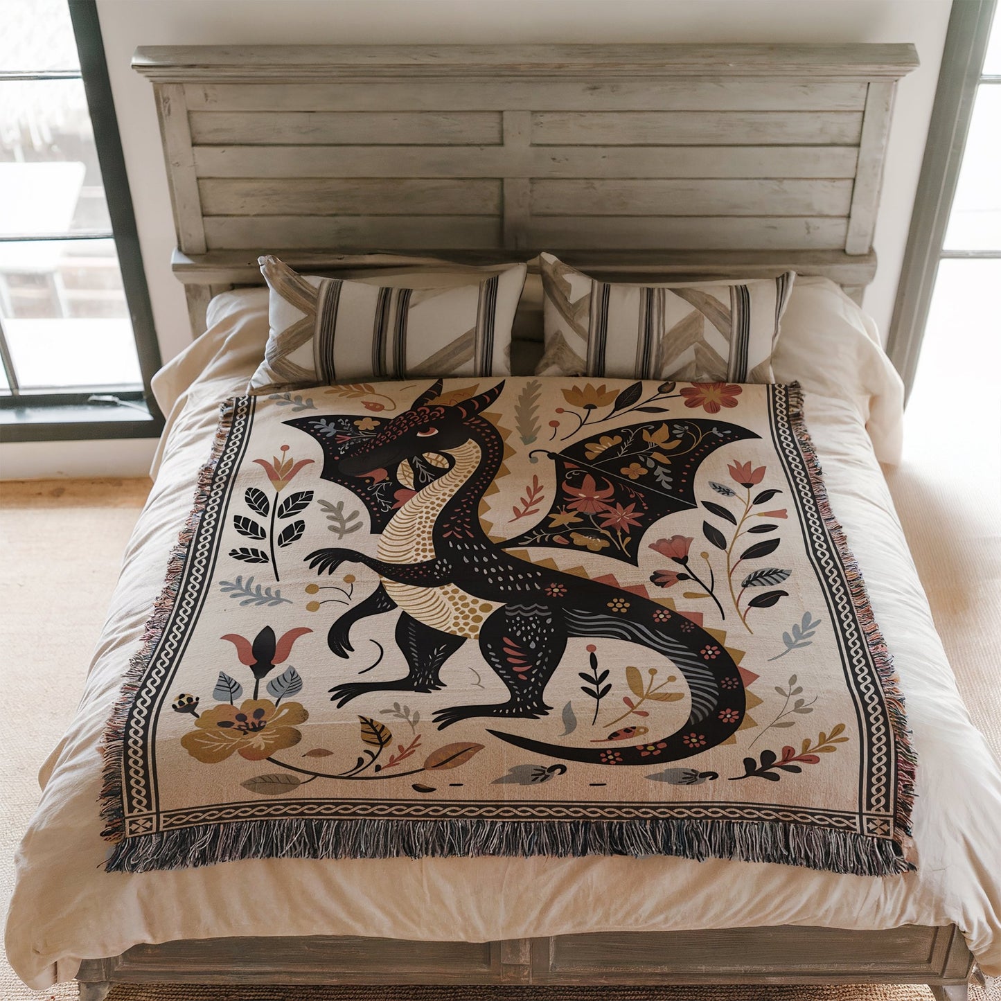Folk Art Dragon Woven Blanket - Offbeat Opulence