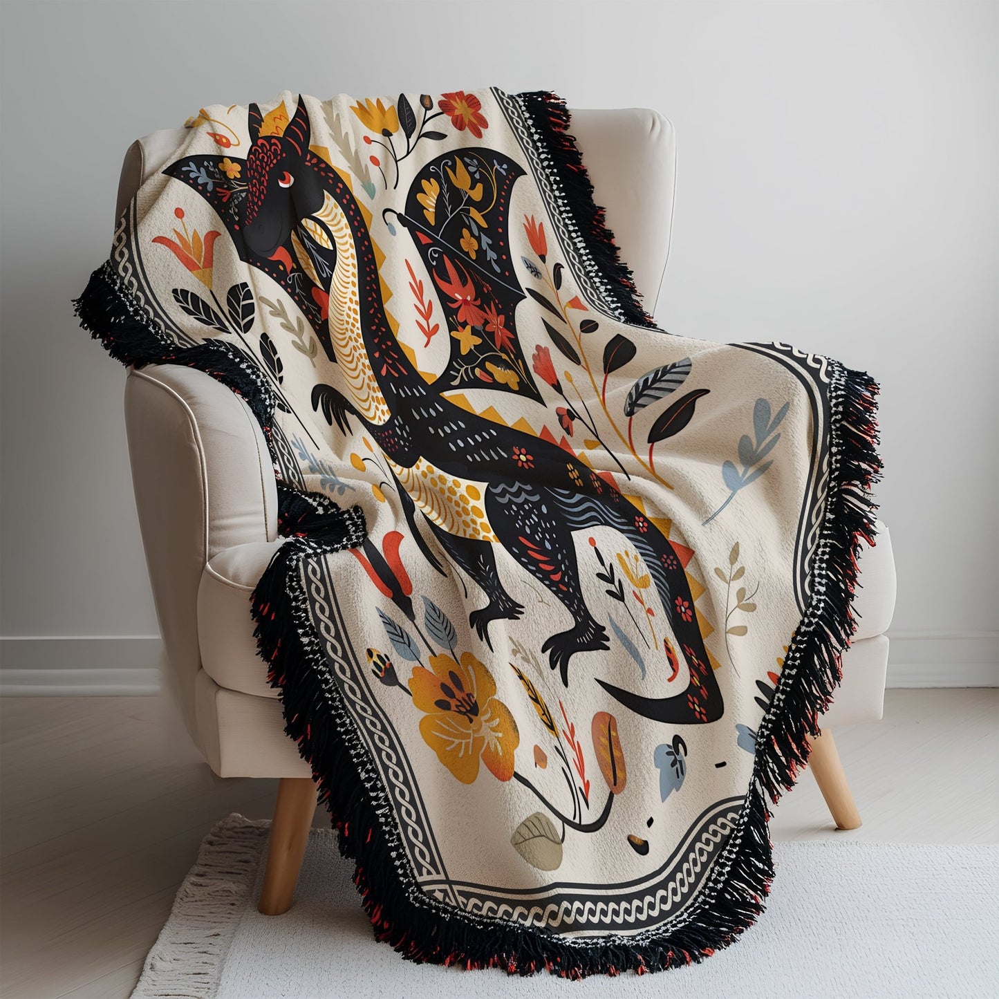 Folk Art Dragon Woven Blanket - Offbeat Opulence