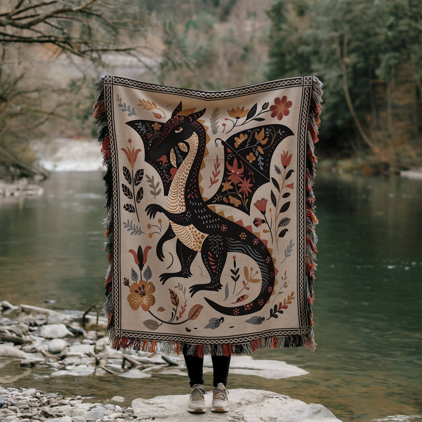 Folk Art Dragon Woven Blanket - Offbeat Opulence