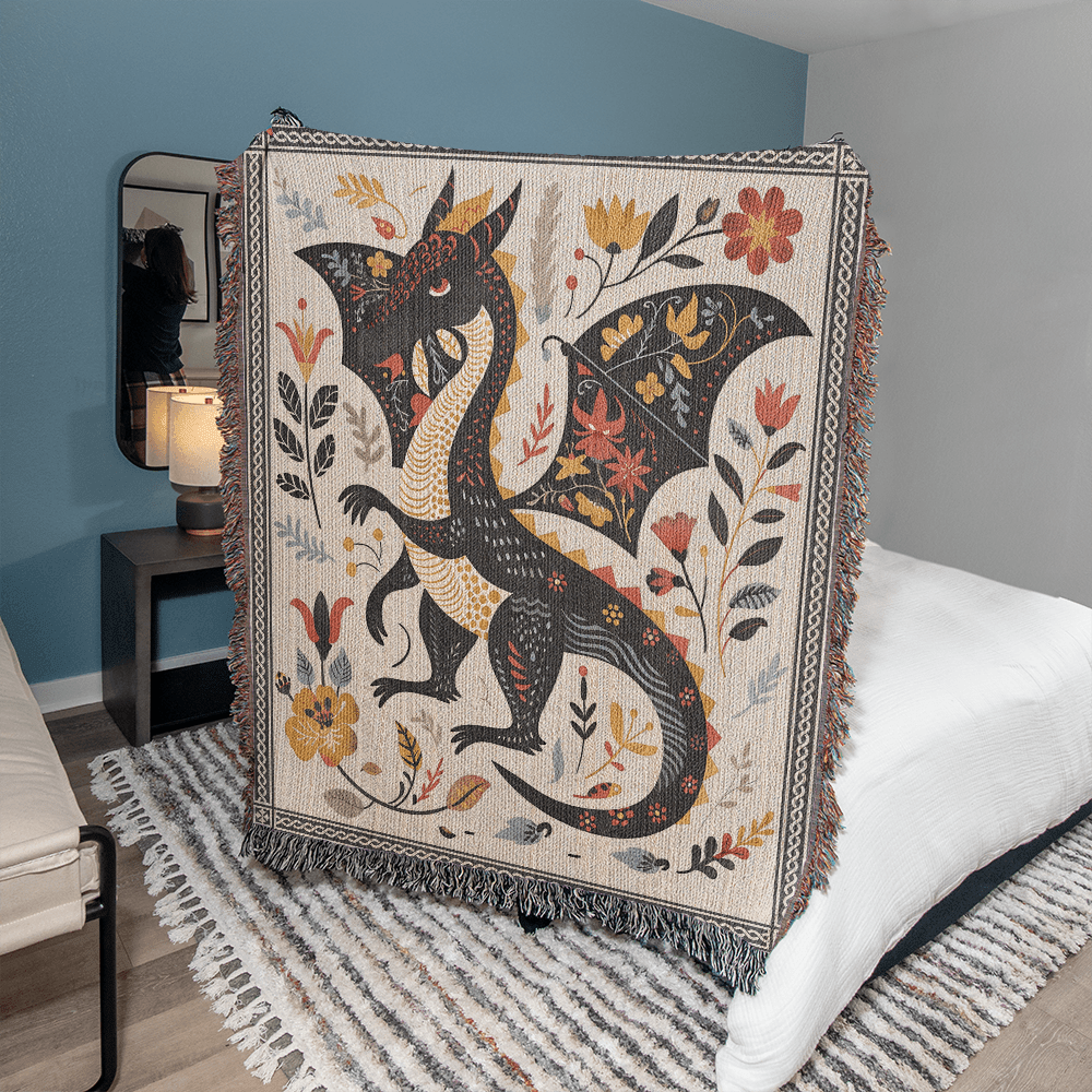 Folk Art Dragon Woven Blanket - Offbeat Opulence