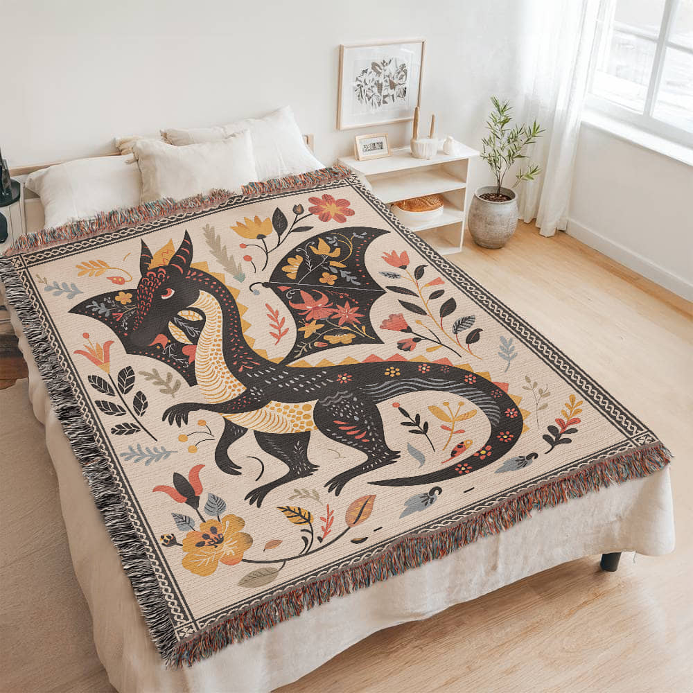Folk Art Dragon Woven Blanket - Offbeat Opulence
