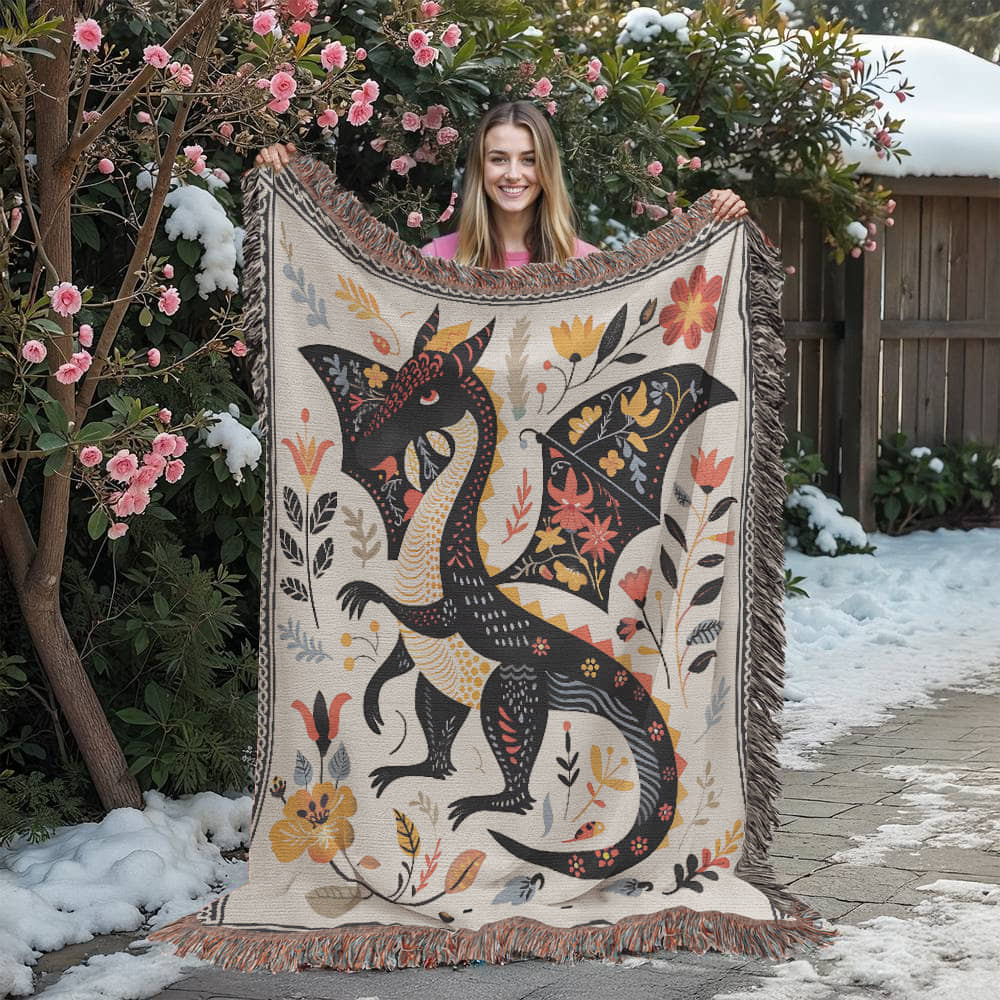 Folk Art Dragon Woven Blanket - Offbeat Opulence