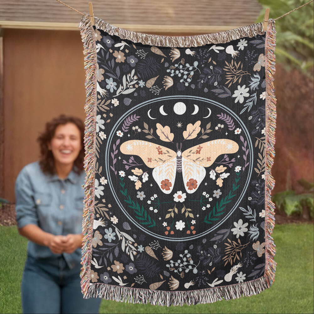 Lunar Moth Woven Tapestry Blanket – A Dream in Threads-Offbeat Opulence