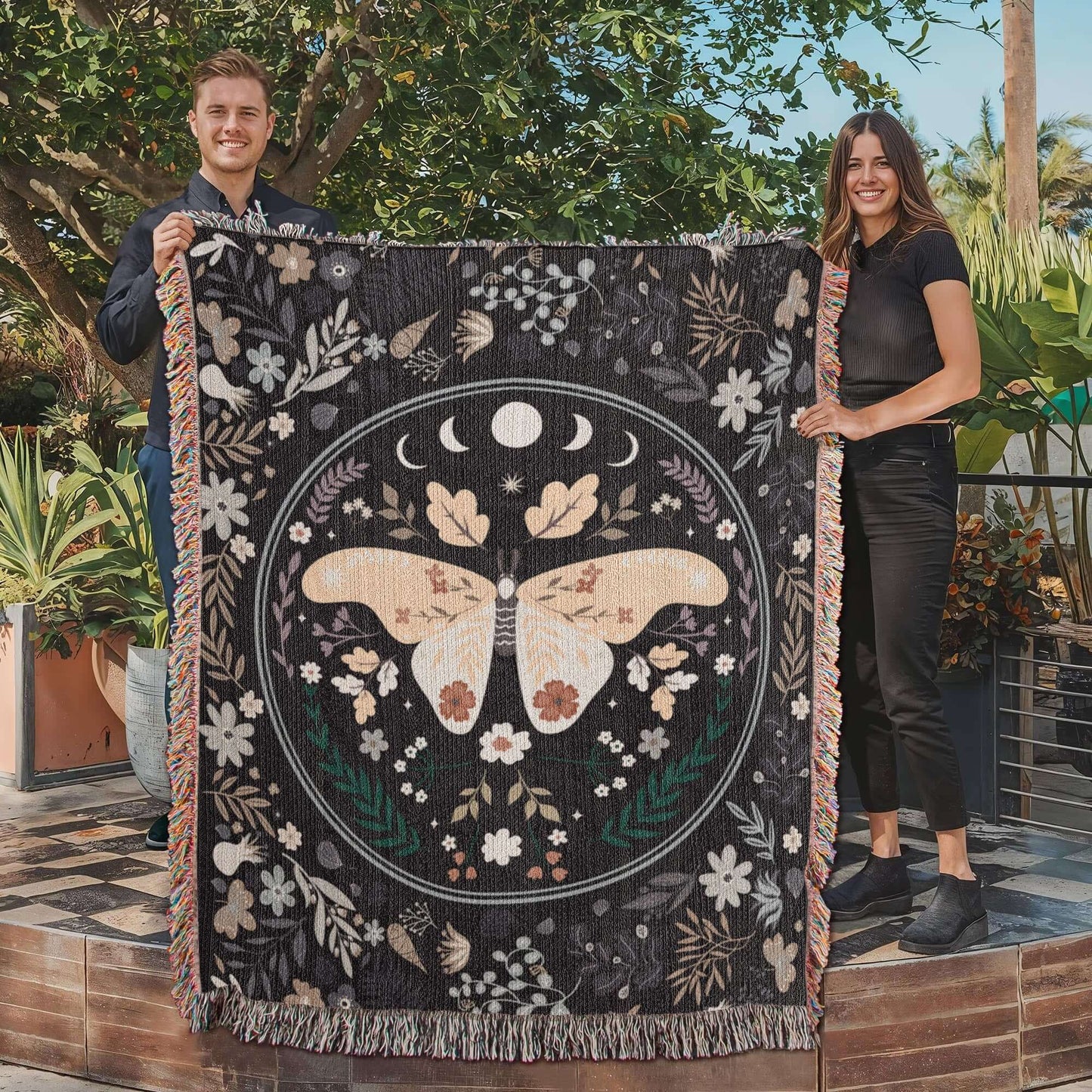 Lunar Moth Woven Tapestry Blanket – A Dream in Threads-Offbeat Opulence