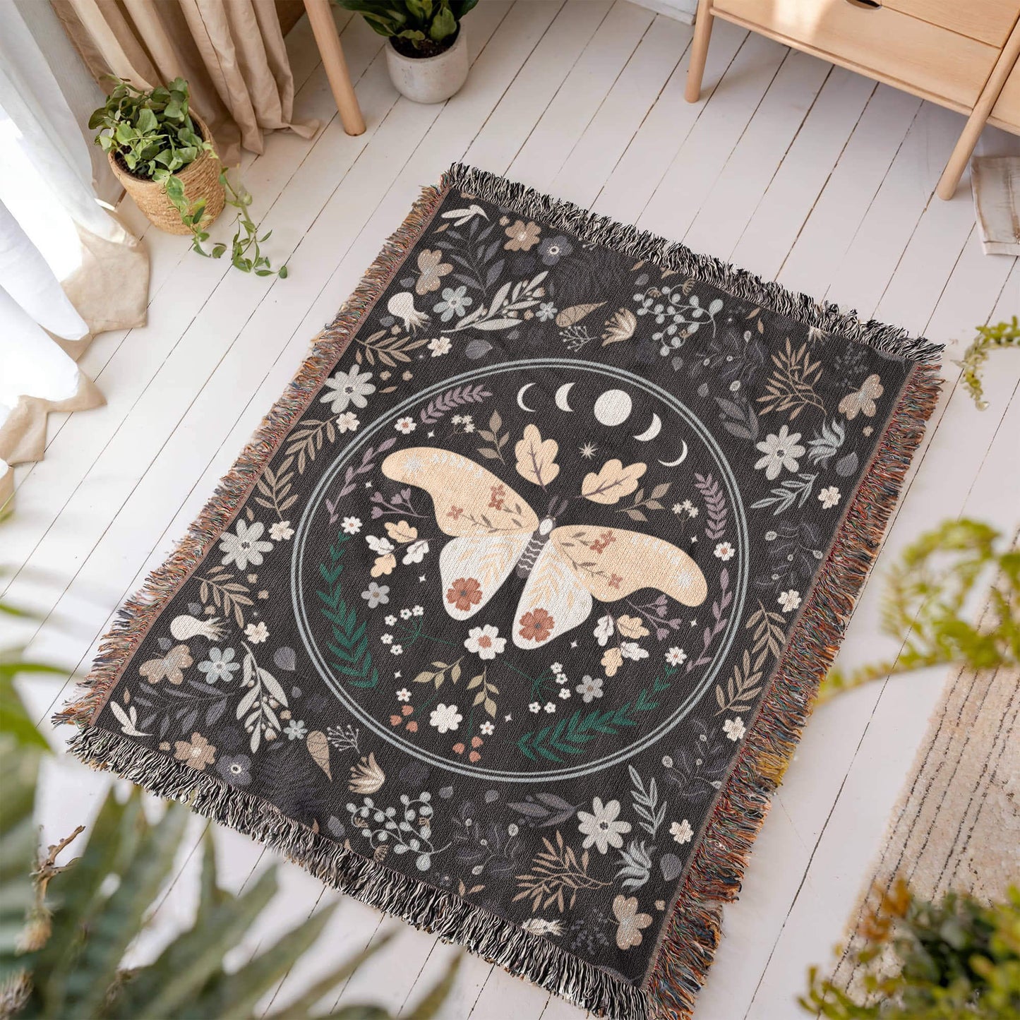 Lunar Moth Woven Tapestry Blanket – A Dream in Threads-Offbeat Opulence