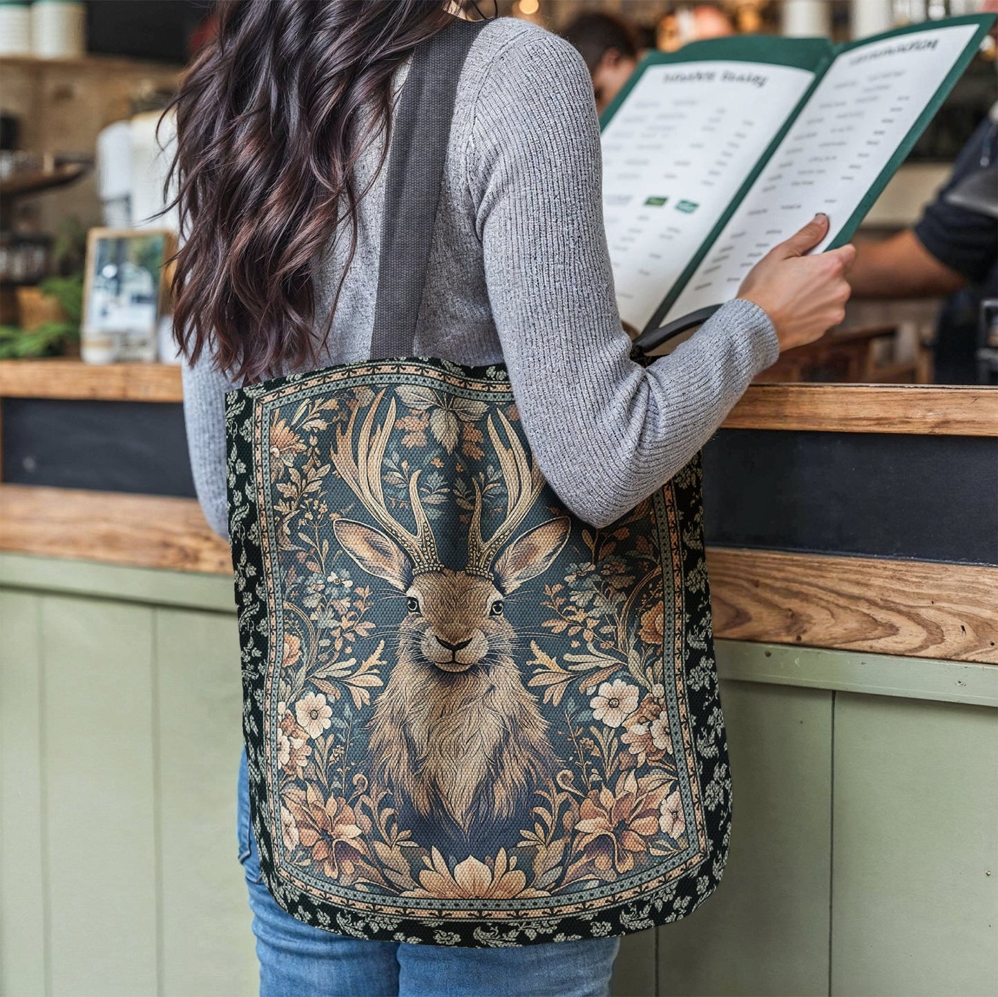 Vintage Jackalope Woven Tote – A Mythical Statement Piece-Offbeat Opulence