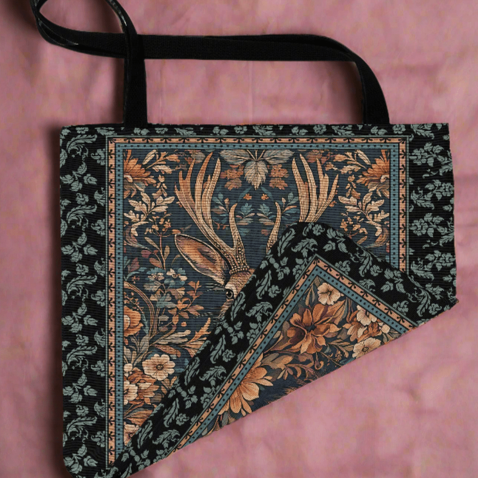 Vintage Jackalope Woven Tote – A Mythical Statement Piece-Offbeat Opulence