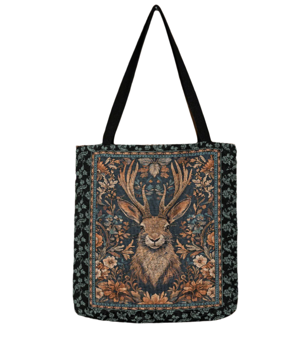 Vintage Jackalope Woven Tote – A Mythical Statement Piece-Offbeat Opulence