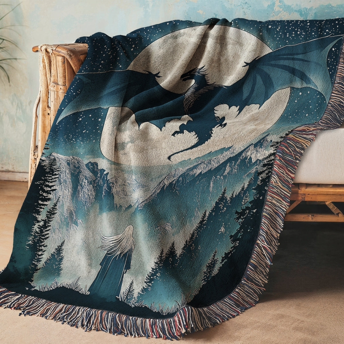 Moonlit Wyvern Woven Blanket – A Fantasy Reader Keepsake