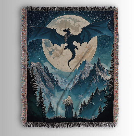 Moonlit Wyvern Woven Blanket – A Fantasy Reader Keepsake