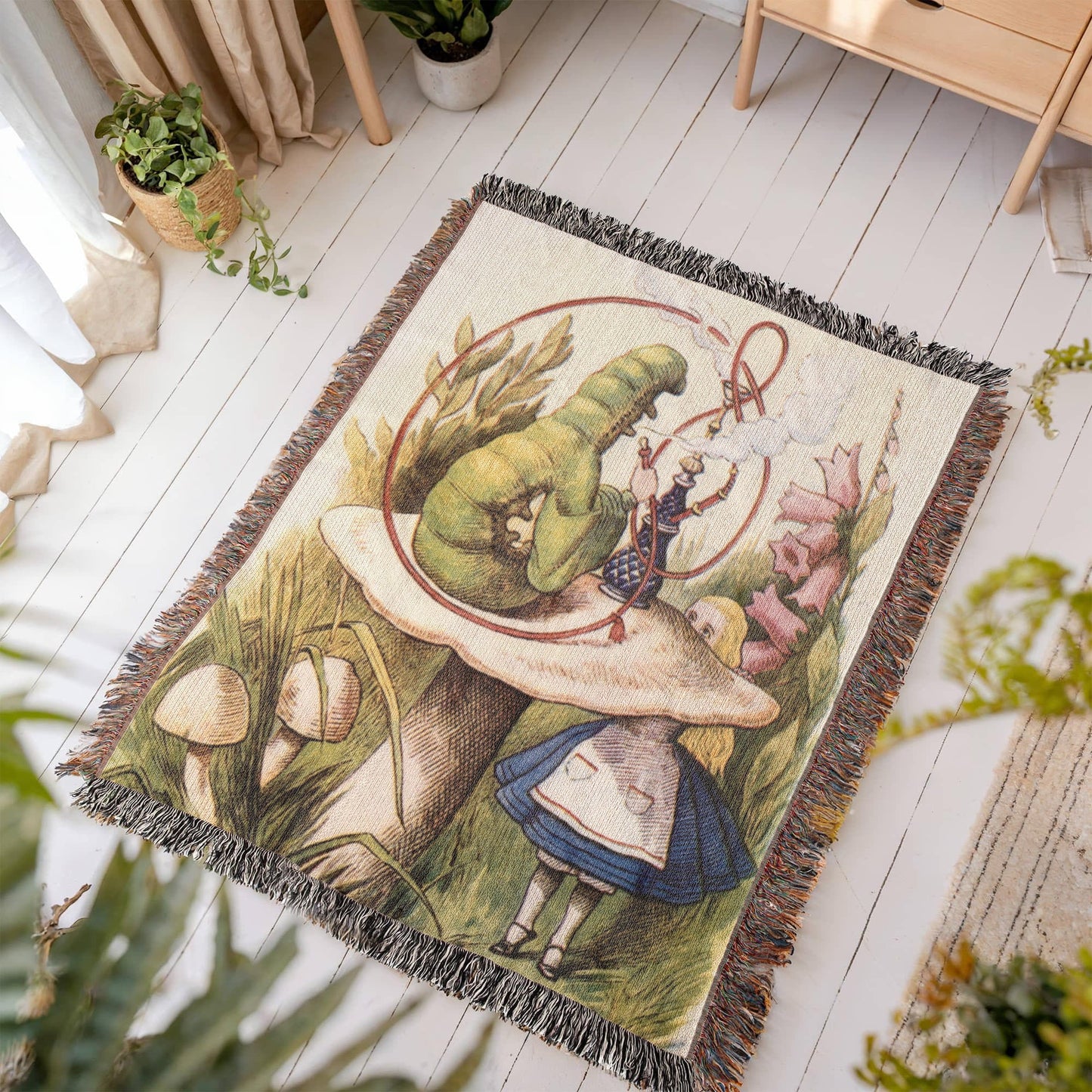 Alice & the Caterpillar Woven Blanket – A Whimsical Wonderland Keepsake - Offbeat Opulence