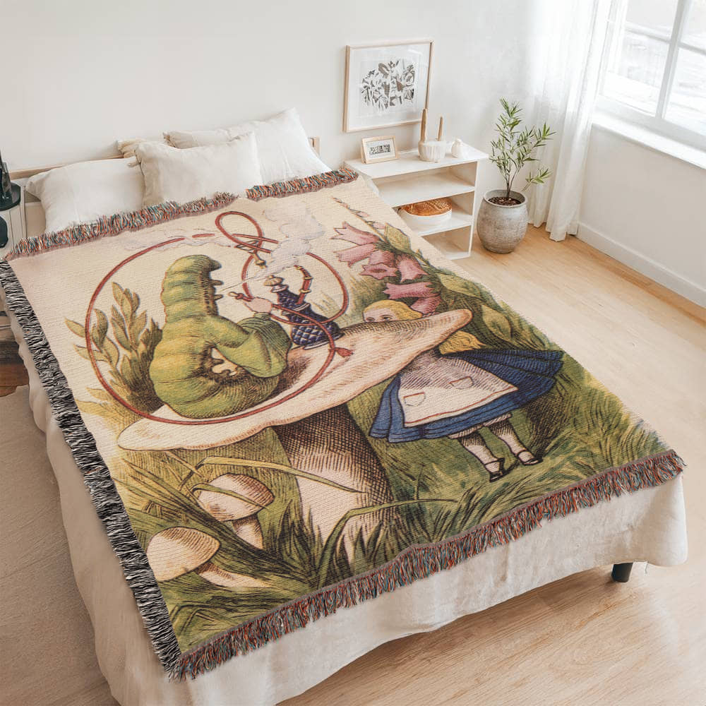 Alice & the Caterpillar Woven Blanket – A Whimsical Wonderland Keepsake - Offbeat Opulence