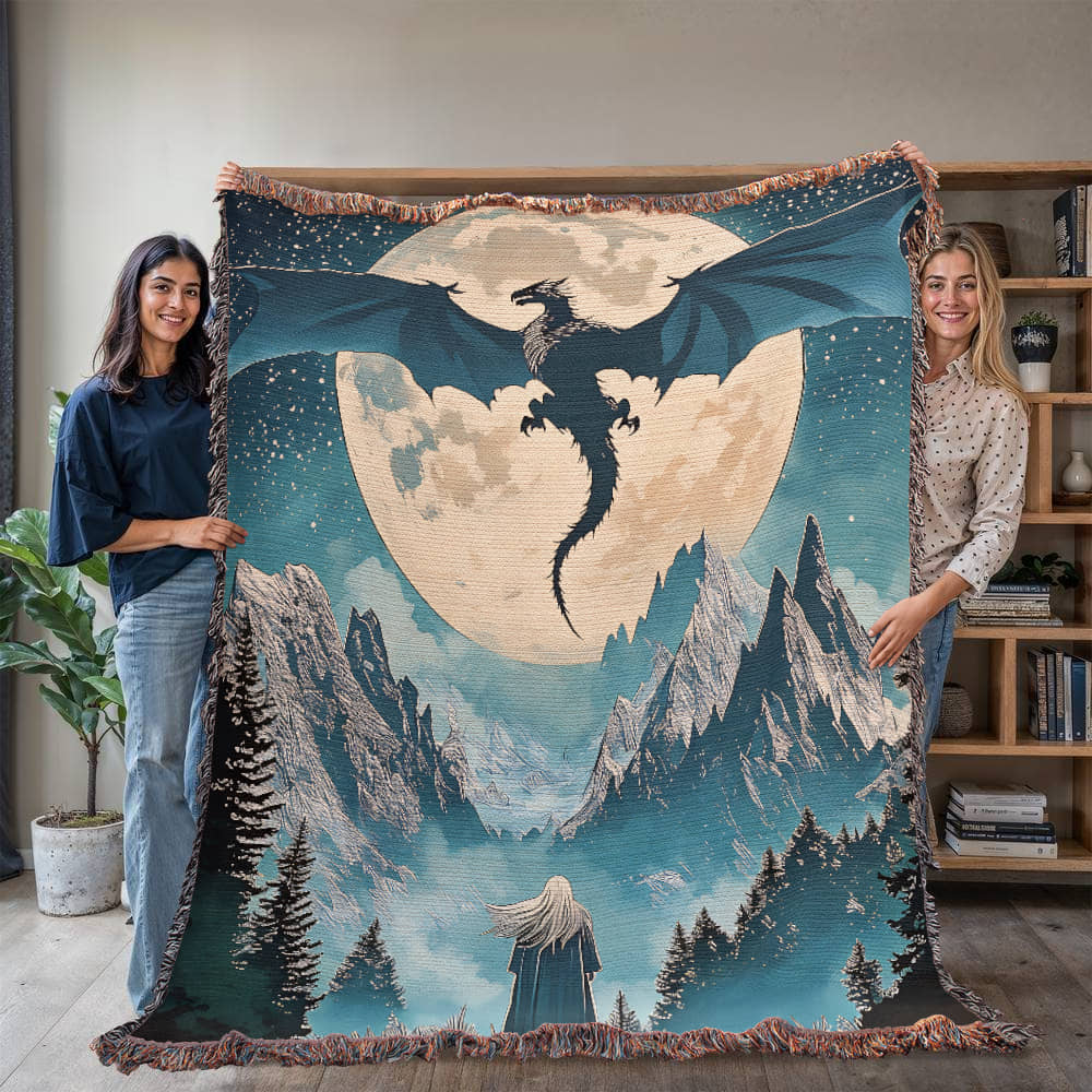 Moonlit Wyvern Woven Blanket – A Fantasy Reader Keepsake