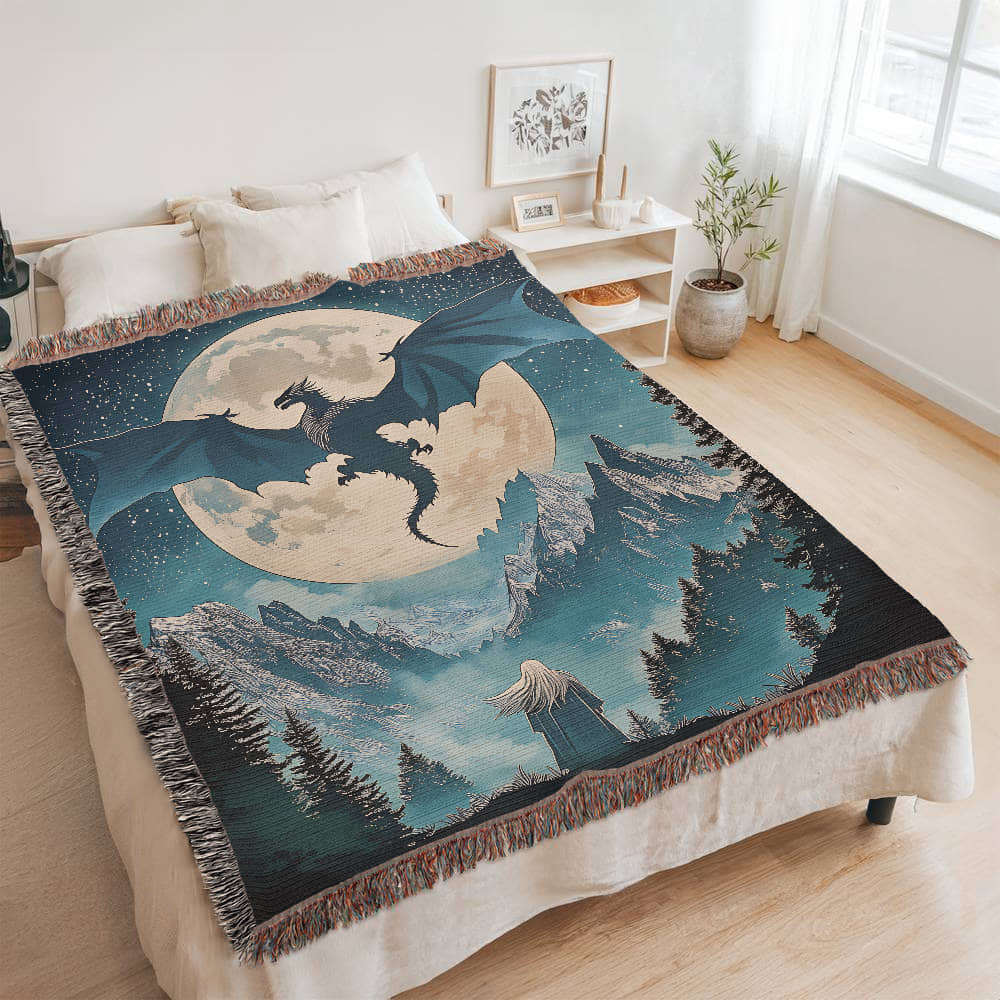 Moonlit Wyvern Woven Blanket – A Fantasy Reader Keepsake