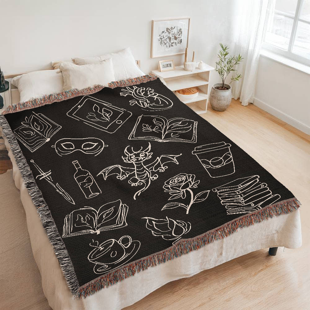 Bookish Doodles Woven Blanket – A Cozy Ode to Every Reader's Obsessions-Offbeat Opulence