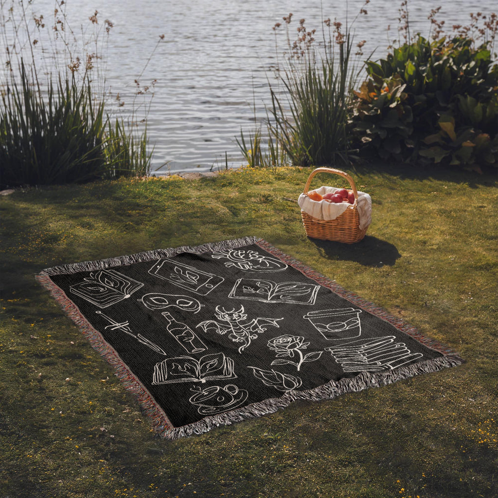 Bookish Doodles Woven Blanket – A Cozy Ode to Every Reader's Obsessions-Offbeat Opulence