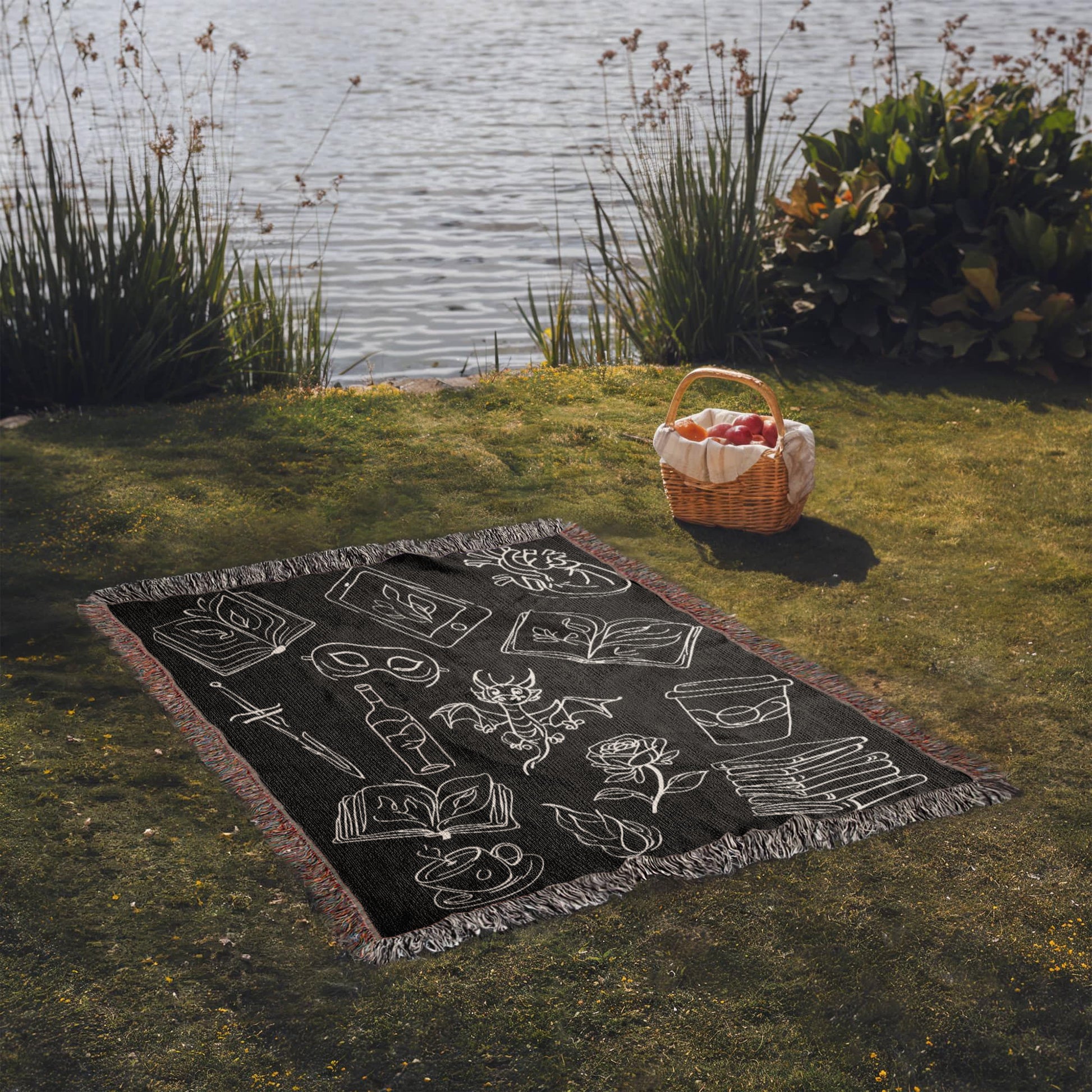 Bookish Doodles Woven Blanket – A Cozy Ode to Every Reader's Obsessions-Offbeat Opulence