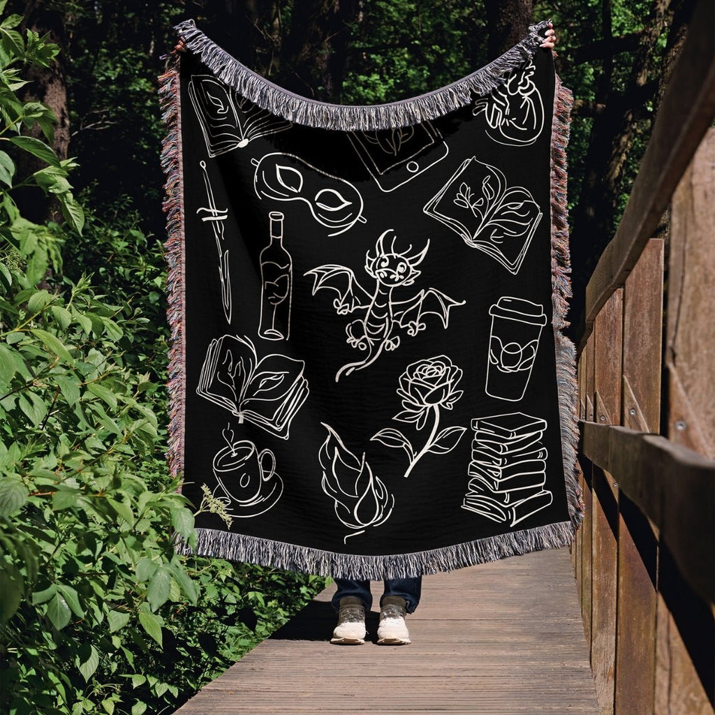 Bookish Doodles Woven Blanket – A Cozy Ode to Every Reader's Obsessions-Offbeat Opulence
