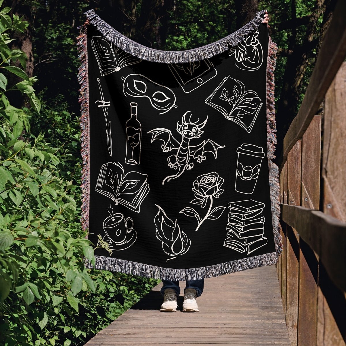 Bookish Doodles Woven Blanket – A Cozy Ode to Every Reader's Obsessions-Offbeat Opulence