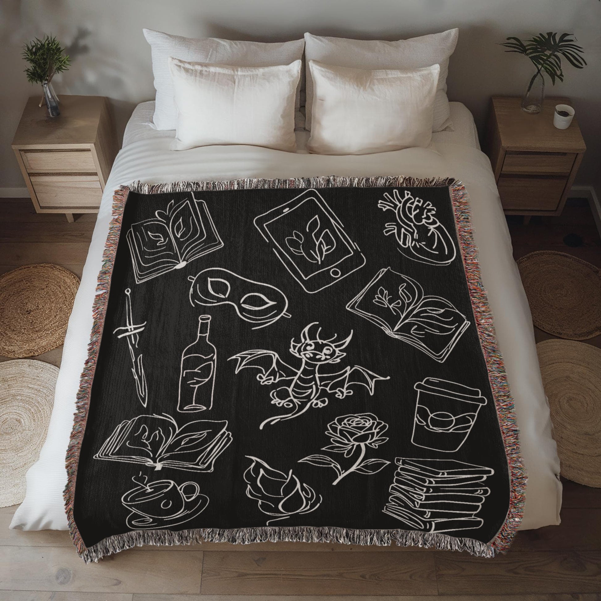 Bookish Doodles Woven Blanket – A Cozy Ode to Every Reader's Obsessions-Offbeat Opulence