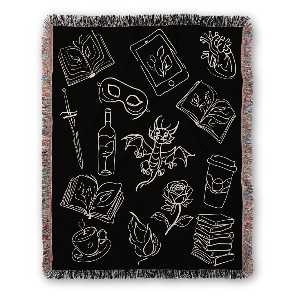 Bookish Doodles Woven Blanket – A Cozy Ode to Every Reader's Obsessions - Offbeat Opulence