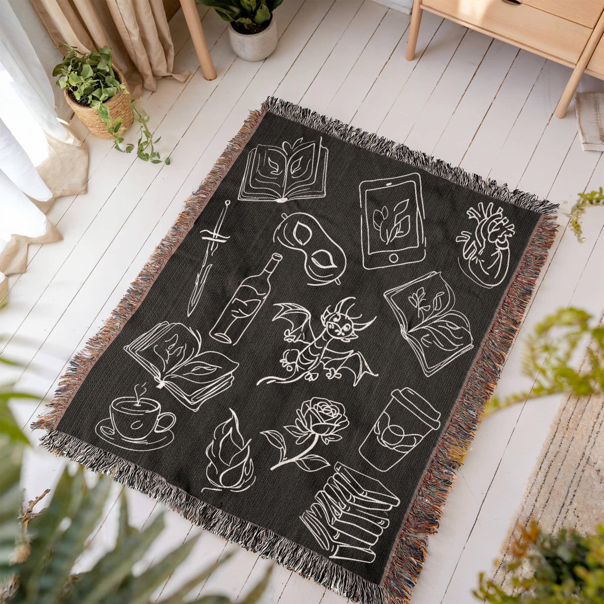Bookish Doodles Woven Blanket – A Cozy Ode to Every Reader's Obsessions-Offbeat Opulence