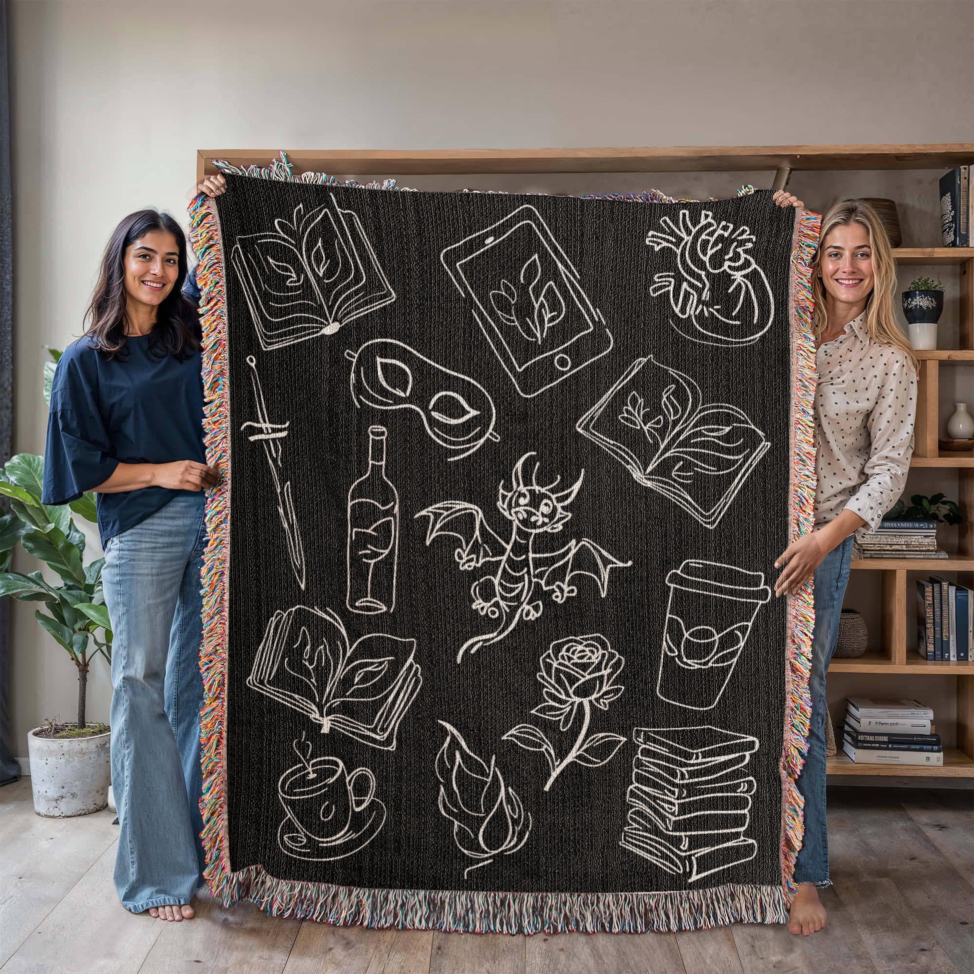 Bookish Doodles Woven Blanket – A Cozy Ode to Every Reader's Obsessions-Offbeat Opulence