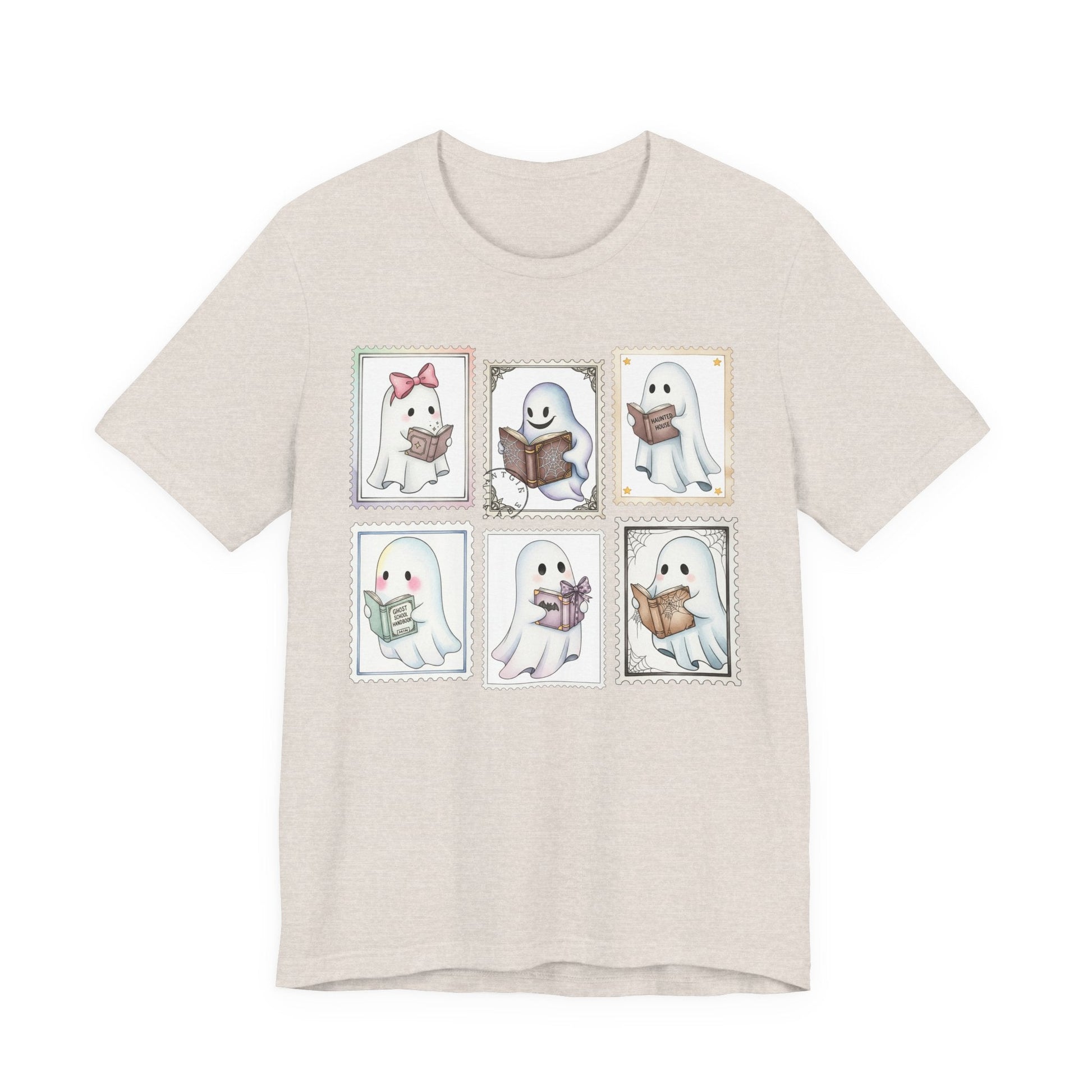 Bookish Ghost Stamp T-Shirt – Cute Ghost Reader Postage Graphic - Offbeat Opulence
