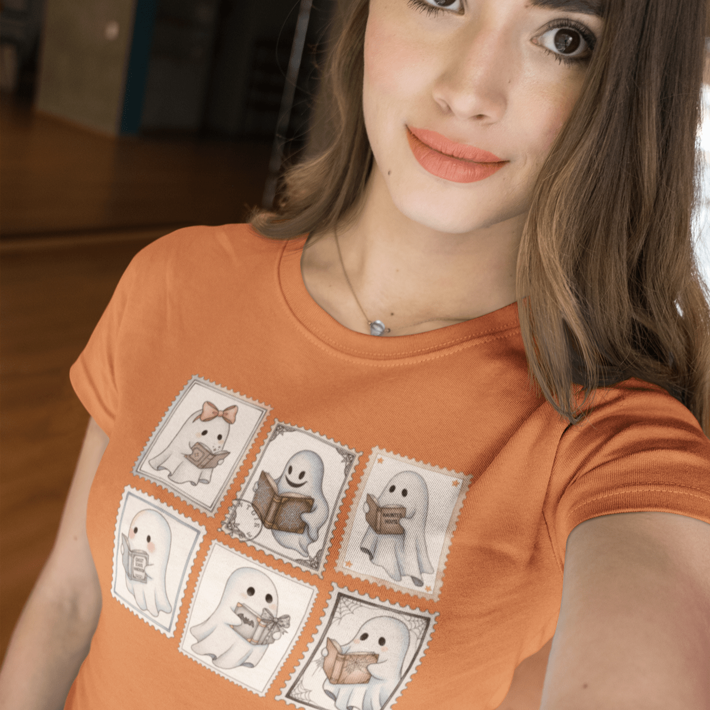 Bookish Ghost Stamp T-Shirt – Cute Ghost Reader Postage Graphic - Offbeat Opulence