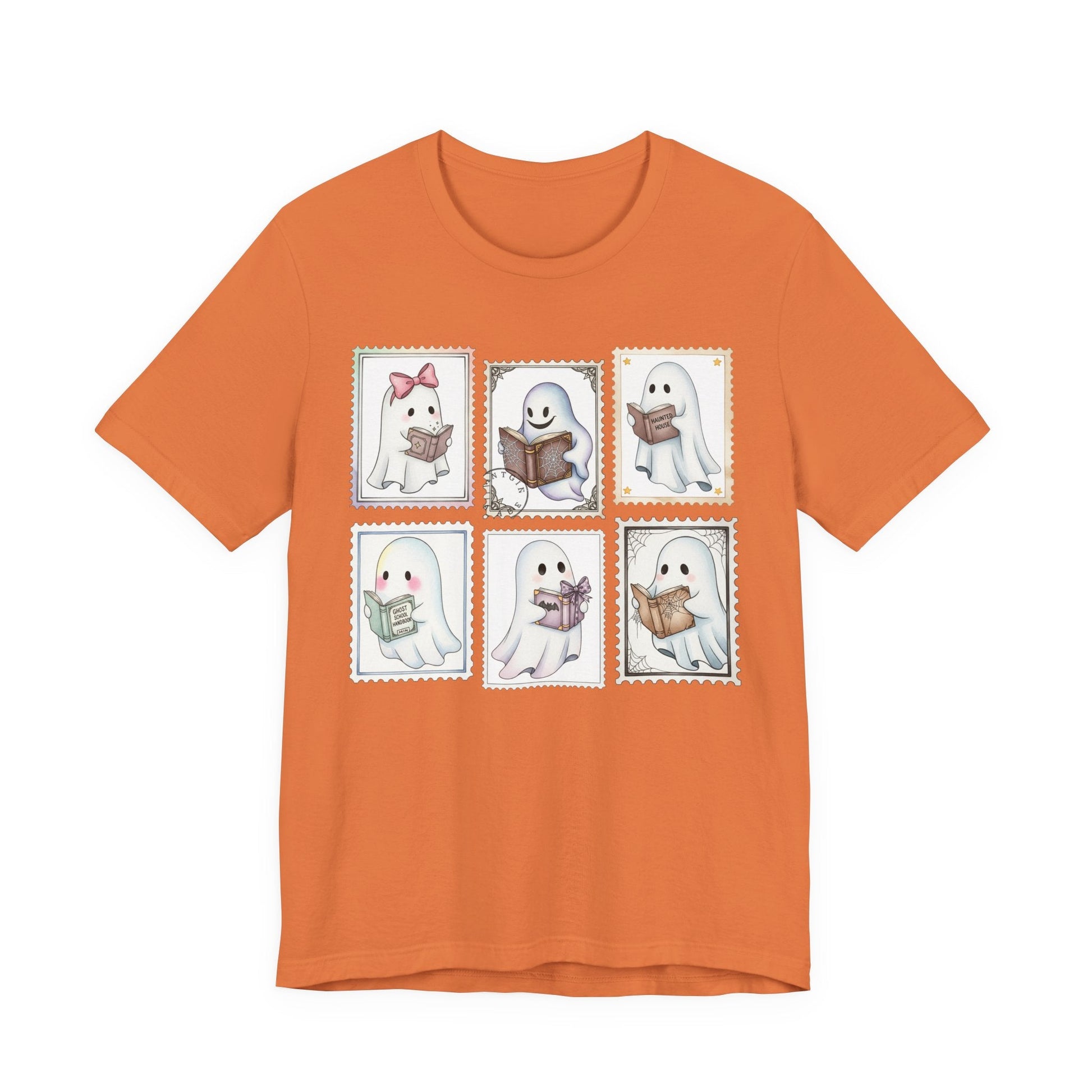 Bookish Ghost Stamp T-Shirt – Cute Ghost Reader Postage Graphic - Offbeat Opulence