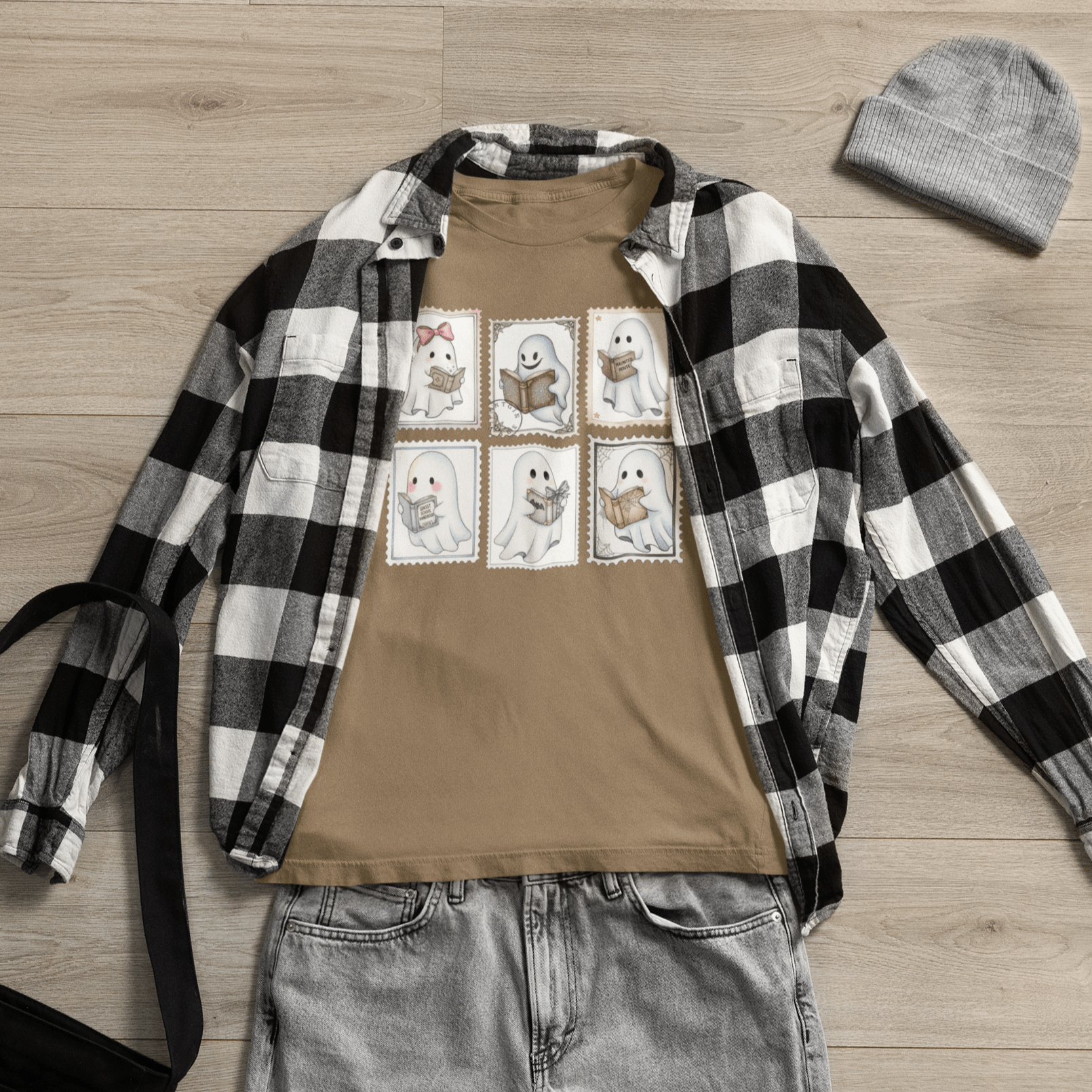 Bookish Ghost Stamp T-Shirt – Cute Ghost Reader Postage Graphic - Offbeat Opulence