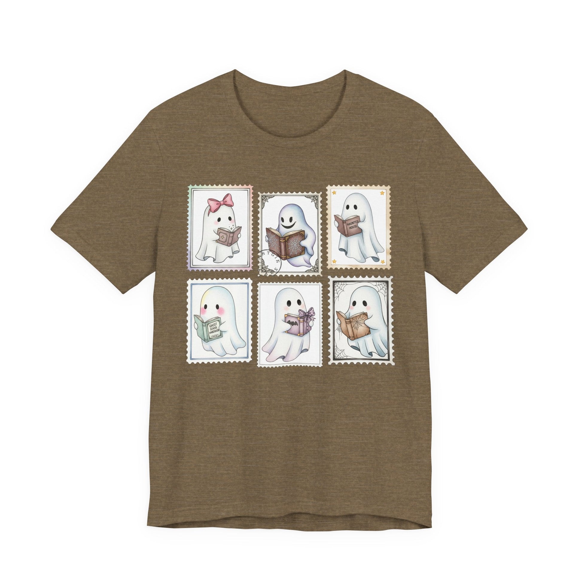 Bookish Ghost Stamp T-Shirt – Cute Ghost Reader Postage Graphic - Offbeat Opulence