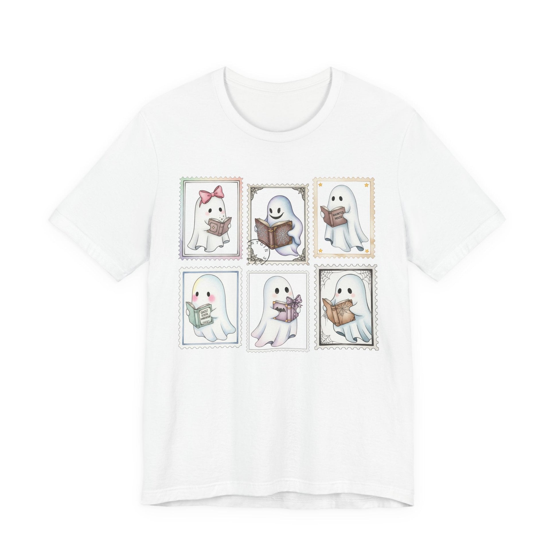 Bookish Ghost Stamp T-Shirt – Cute Ghost Reader Postage Graphic - Offbeat Opulence