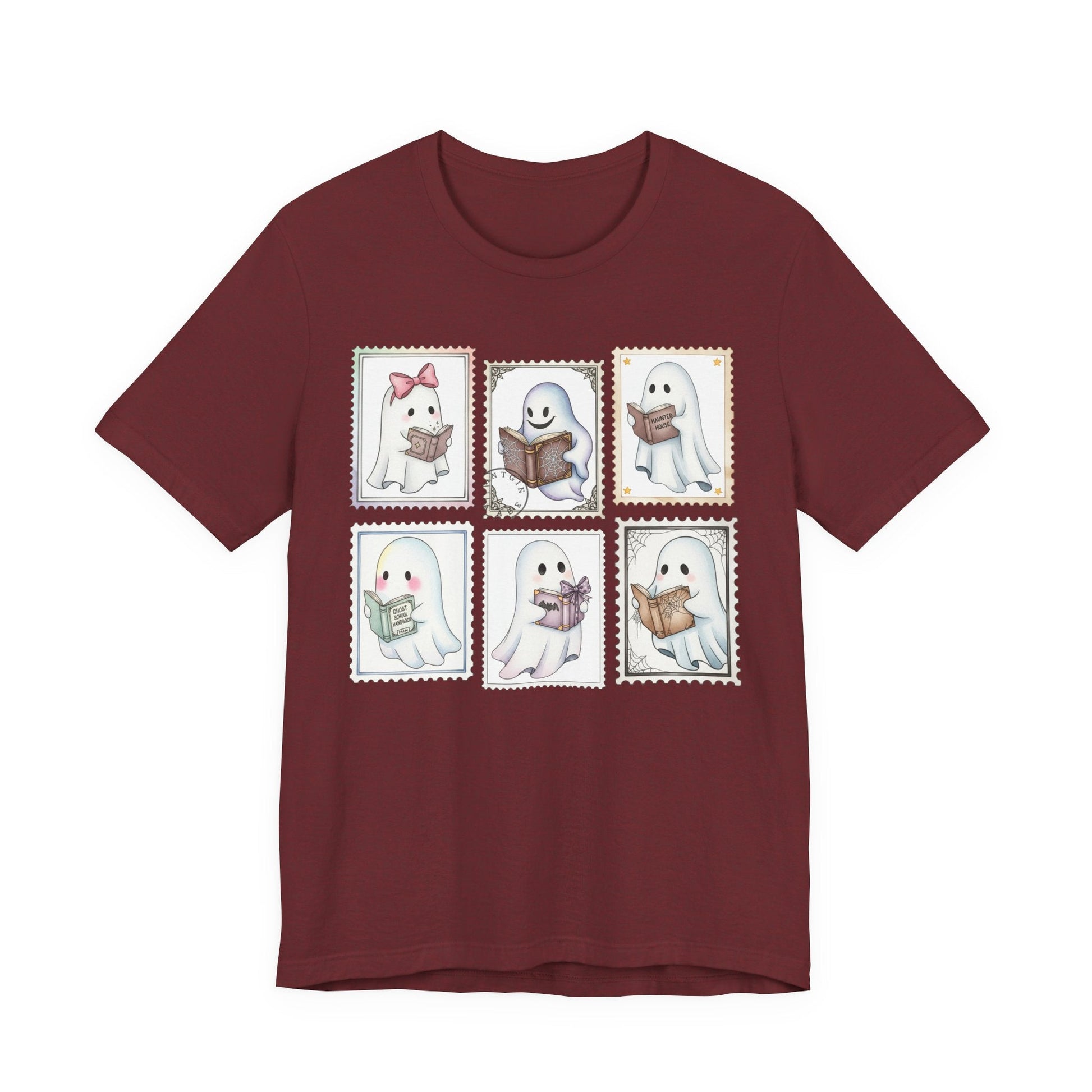 Bookish Ghost Stamp T-Shirt – Cute Ghost Reader Postage Graphic - Offbeat Opulence