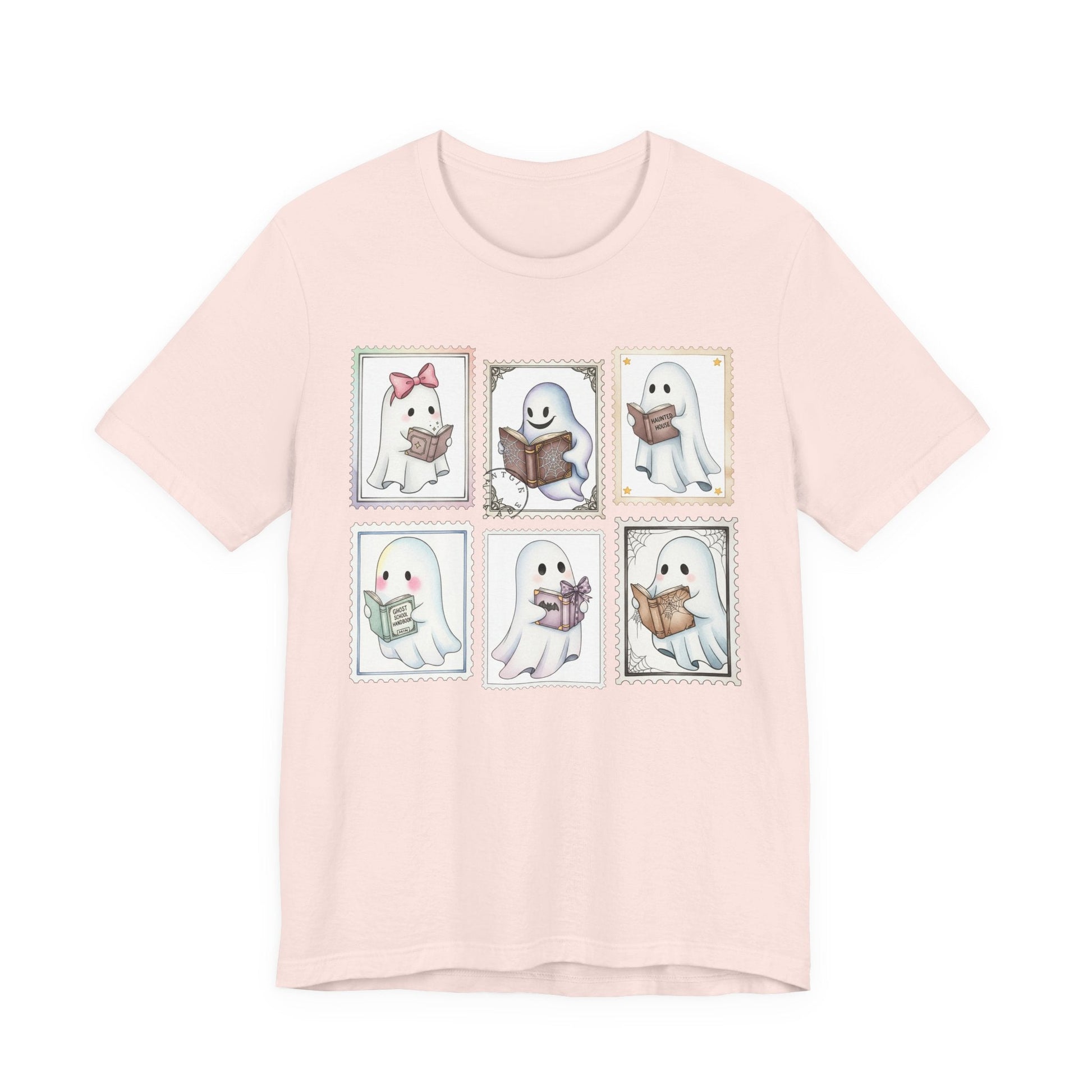Bookish Ghost Stamp T-Shirt – Cute Ghost Reader Postage Graphic - Offbeat Opulence
