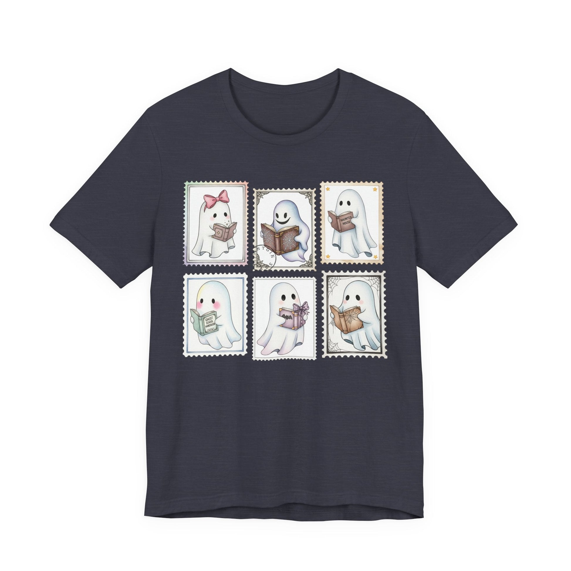 Bookish Ghost Stamp T-Shirt – Cute Ghost Reader Postage Graphic - Offbeat Opulence