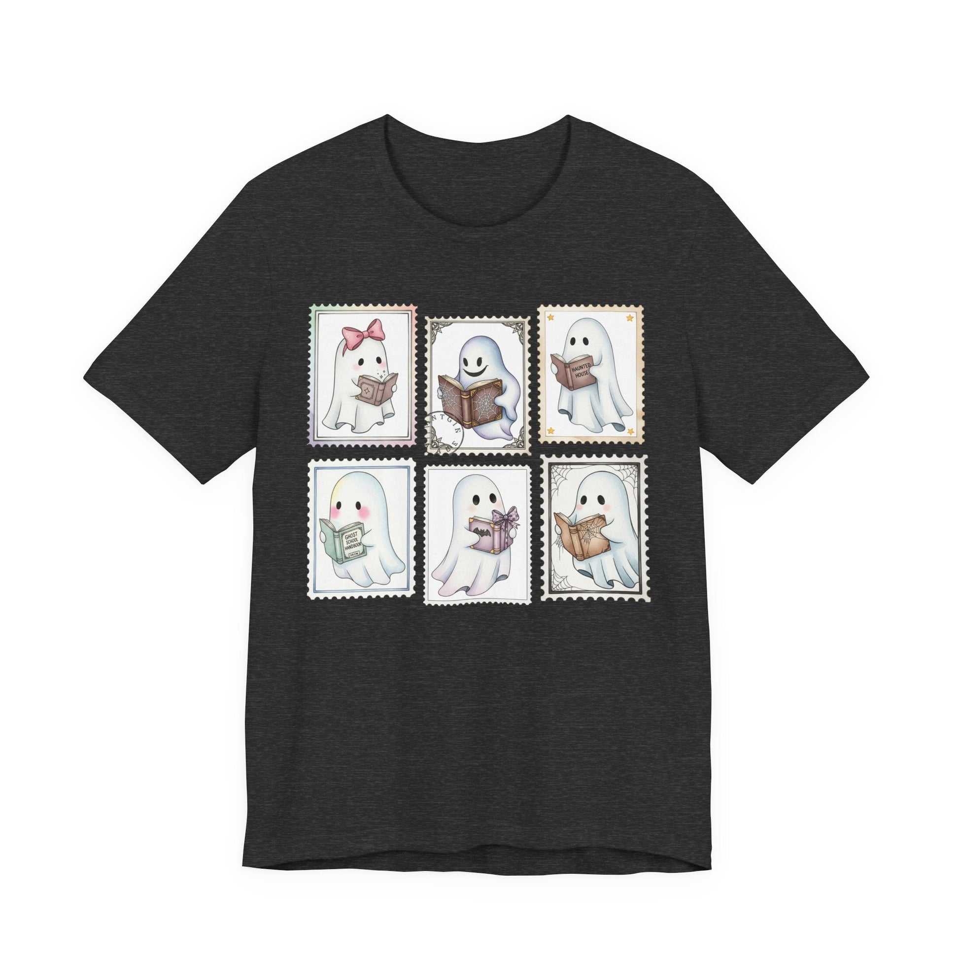 Bookish Ghost Stamp T-Shirt – Cute Ghost Reader Postage Graphic - Offbeat Opulence