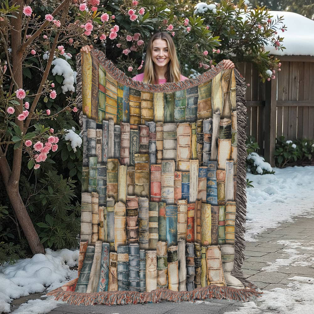 Bookshelf of Delusion & Denial Woven Throw Blanket-Offbeat Opulence
