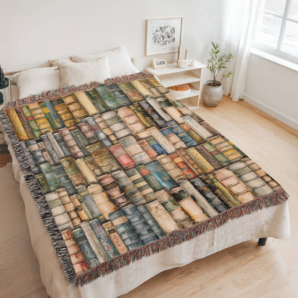 Bookshelf of Delusion & Denial Woven Throw Blanket-Offbeat Opulence