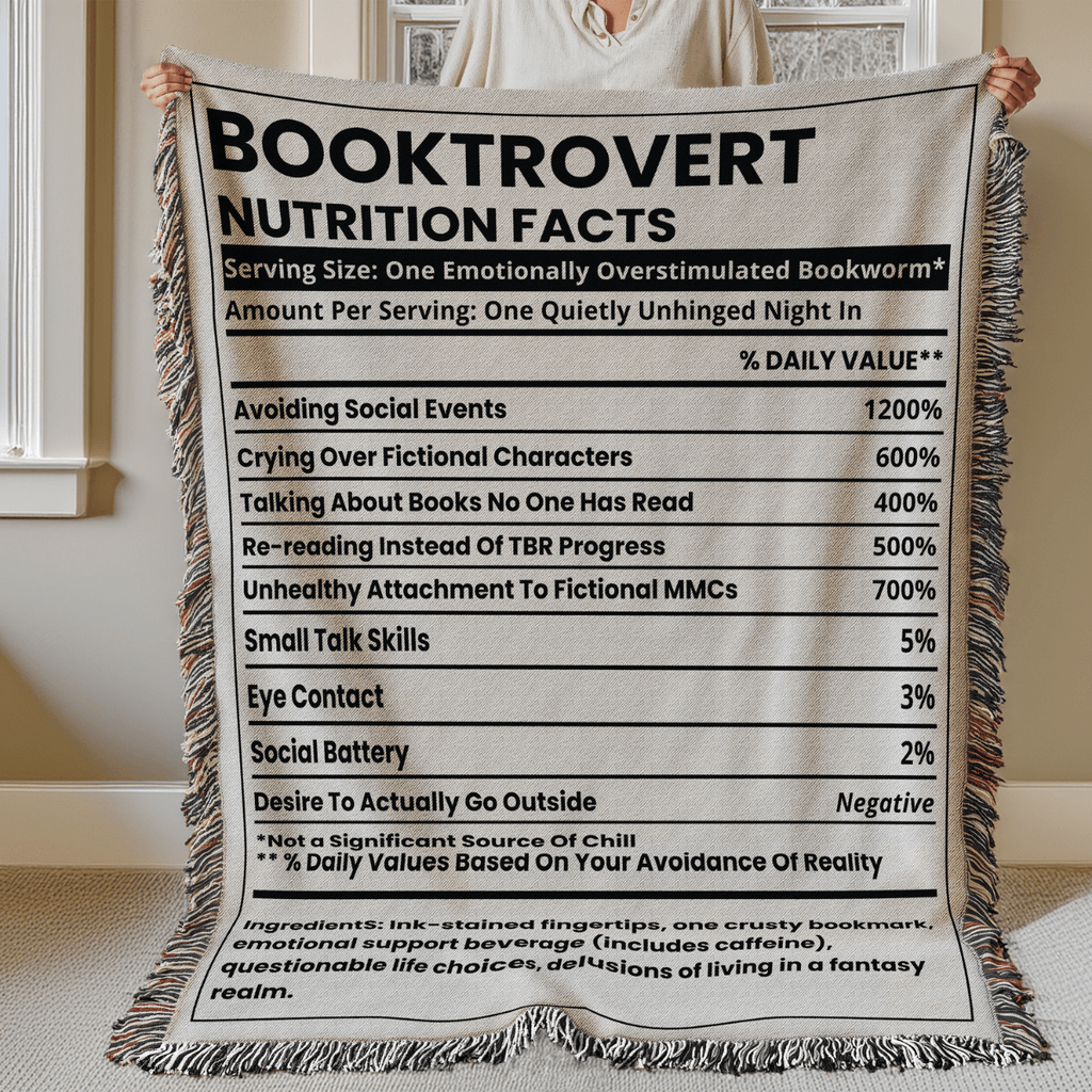 Booktrovert Nutrition Facts Woven Blanket – Quietly Unhinged & Cozy-Offbeat Opulence