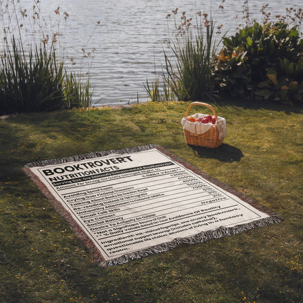 Booktrovert Nutrition Facts Woven Blanket – Quietly Unhinged & Cozy-Offbeat Opulence