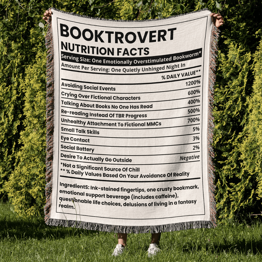 Booktrovert Nutrition Facts Woven Blanket – Quietly Unhinged & Cozy-Offbeat Opulence