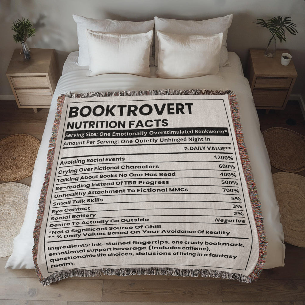Booktrovert Nutrition Facts Woven Blanket – Quietly Unhinged & Cozy-Offbeat Opulence