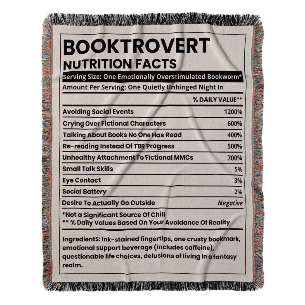 Booktrovert Nutrition Facts Woven Blanket – Quietly Unhinged & Cozy-Offbeat Opulence