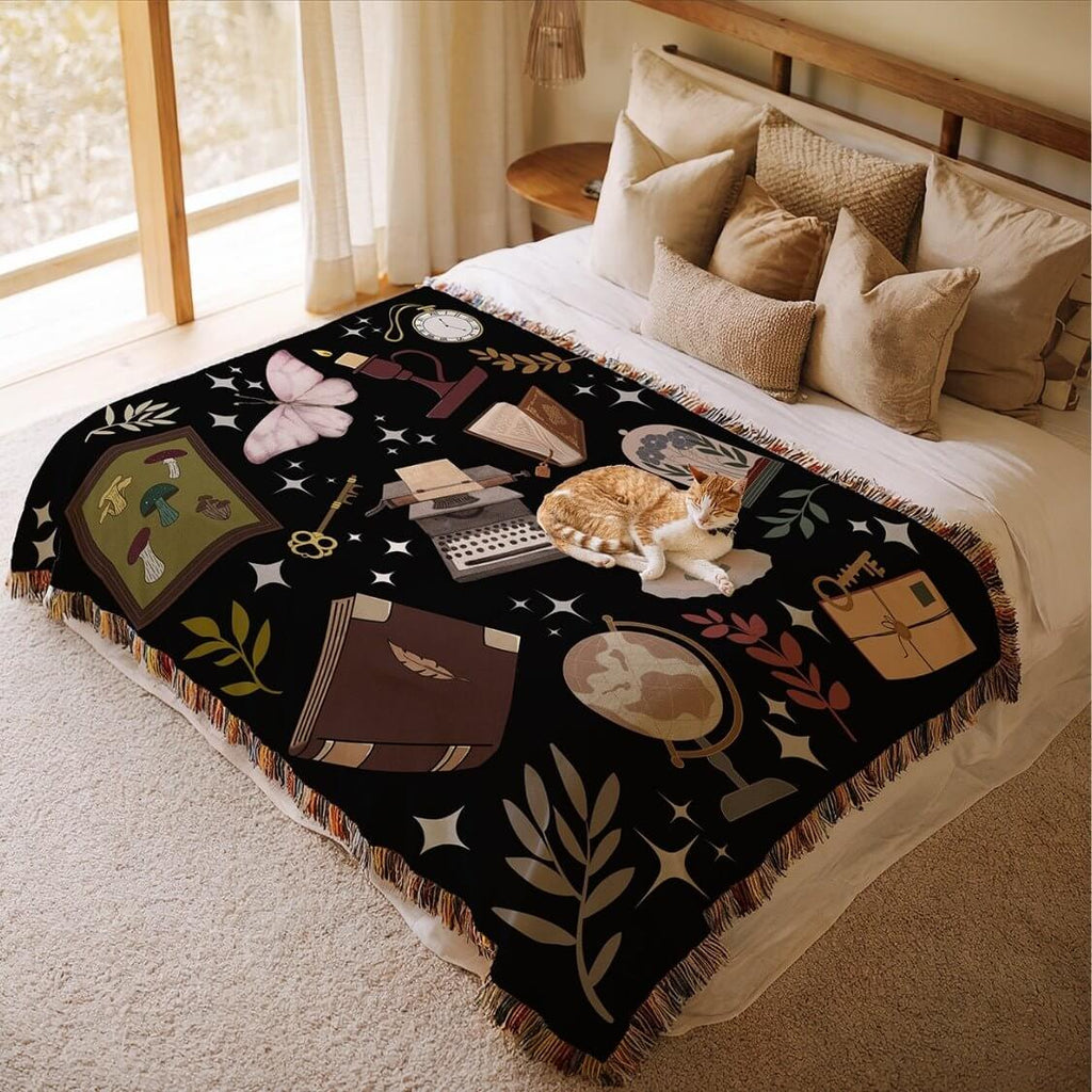Dark Academia Woven Tapestry Blanket – A Scholar's Dream-Offbeat Opulence