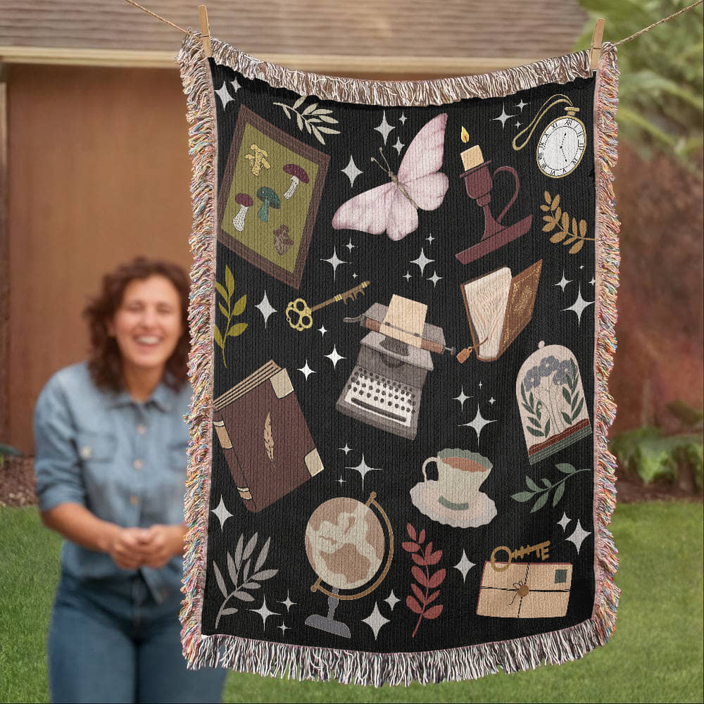 Dark Academia Woven Tapestry Blanket – A Scholar's Dream - Offbeat Opulence