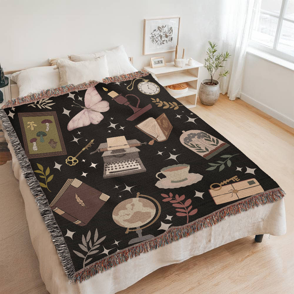 Dark Academia Woven Tapestry Blanket – A Scholar's Dream - Offbeat Opulence